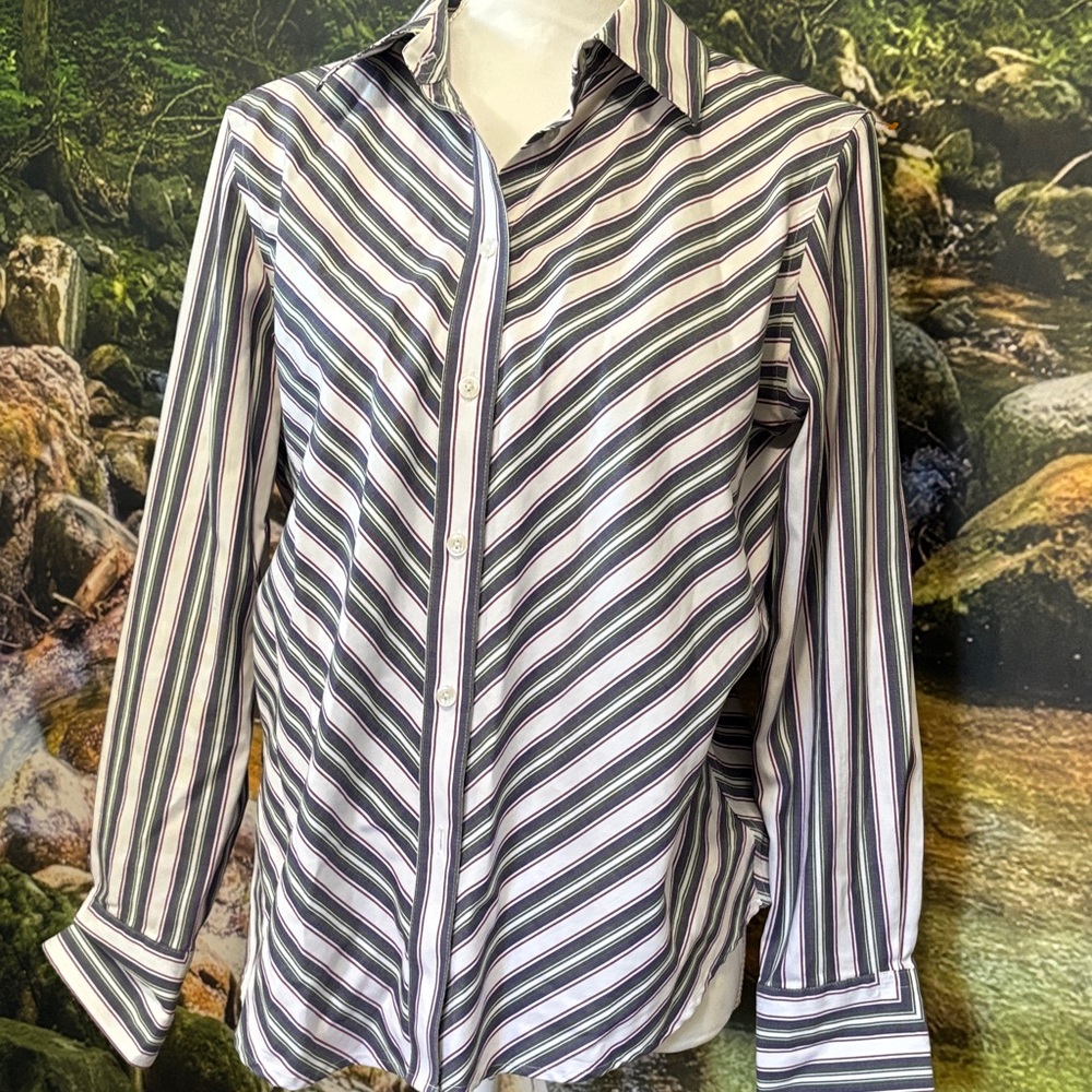 Jones New York Striped Button-Up Shirt - Black, White, Purple